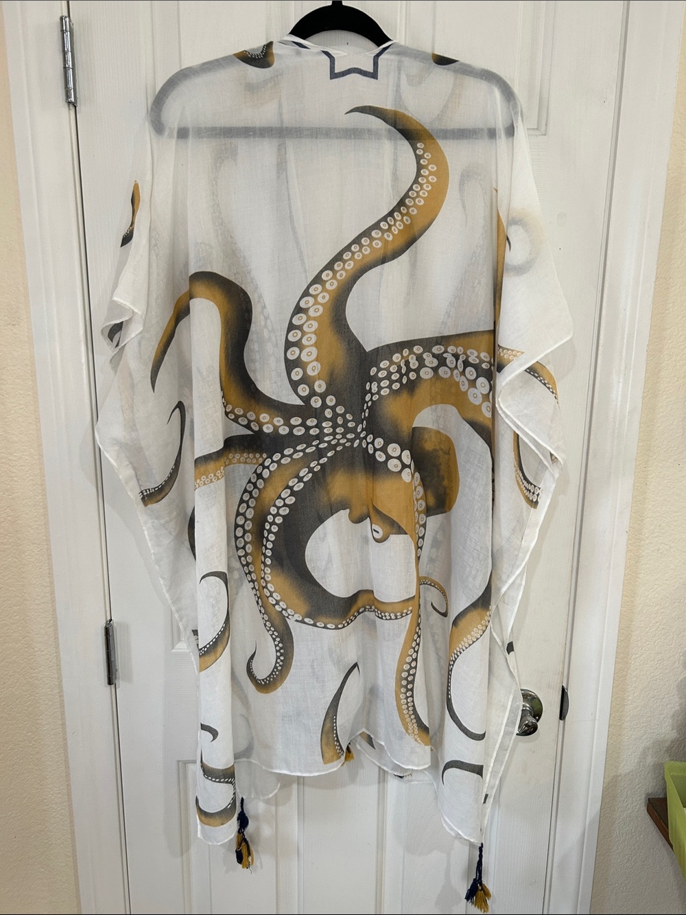 Octopus-Print Sheer Kimono Cover-Up - White & Gold - Picture 6 of 7